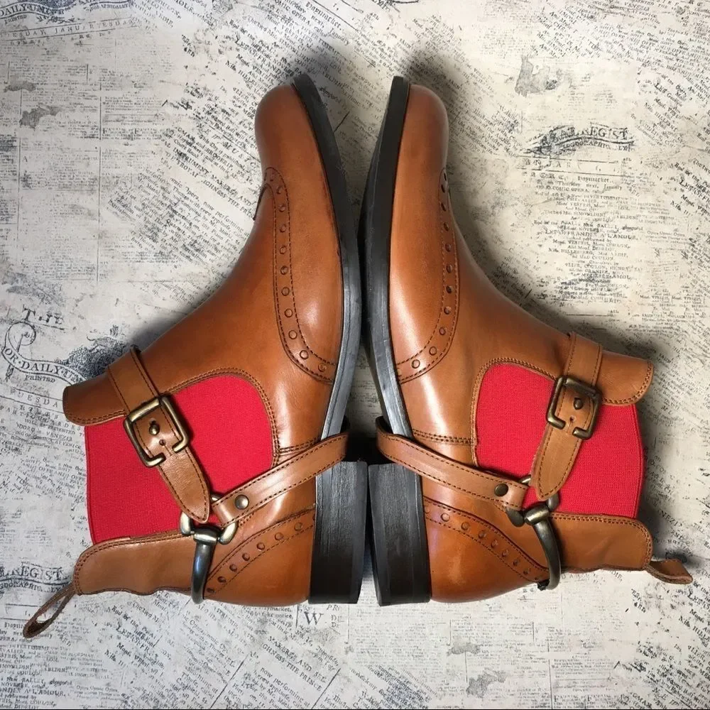 Pertini Spain Brown Leather Ankle Booties Red Elastic Chelsea Boots
